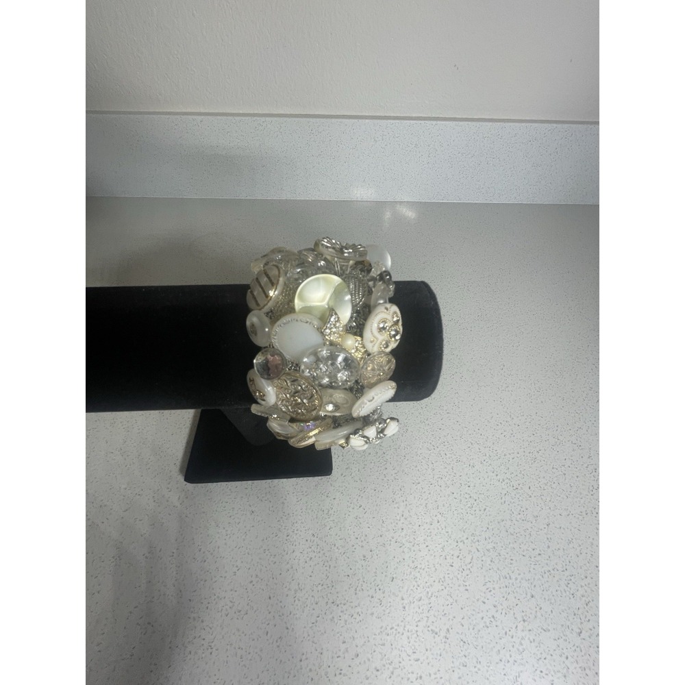 Vintage Artesian Stretch Button Bracelet  Handmade 1 Of A Kind Silver Mesh Band